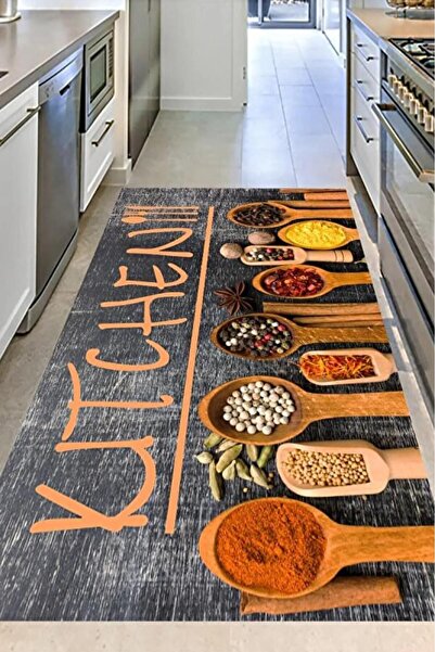 Aden Kitchen Desenli Dijital Baskı Yıkanabilir Pamuk Taban Mutfak Halısı