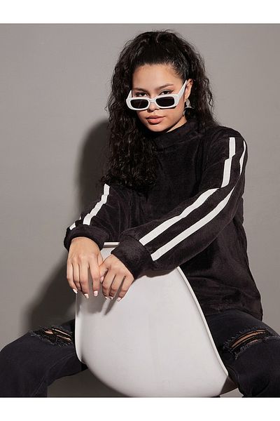Sassafras By Styli Fleece Faux Fur Contrast Tape High Neck Sweatshirt