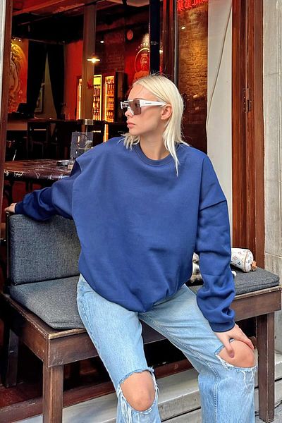 Swist Navy Blue Oversize Basic Crew Neck Women's Sweatshirt with Fleece Inside