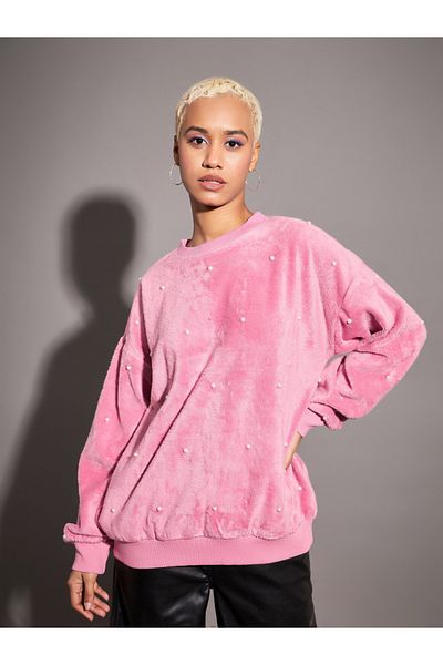 Sassafras By Styli Relaxed Fit Fleece Faux Fur Pearl Stud Sweatshirt