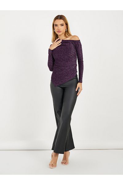Styli Asymmetric Neck Glitter Look Fitted Top