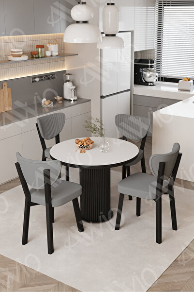 AVVİO Elma Yuvarlak Beyaz Mutfak Masa 4 Adet Sandalyeli Takım