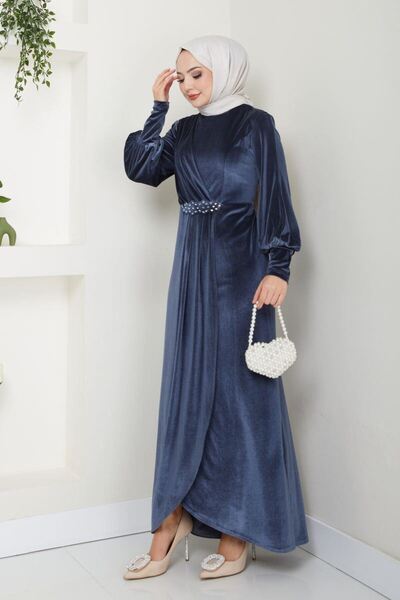 Ayşe Melek Kadın Giyim Abiye Moda Taş Tokalı Kadife Abiye Elbise 2533