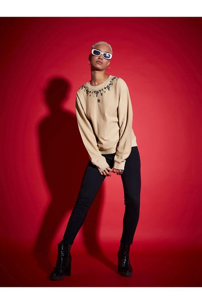 Sassafras By Styli Regular Fit Beaded Neckline Reverse Terry Sweatshirt