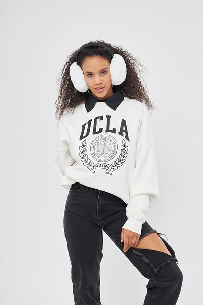 The Champ Clothing Ucla Text Printed Crew Neck Fleece Εσωτερικά Oversize Cut Unisex Λευκό φούτερ
