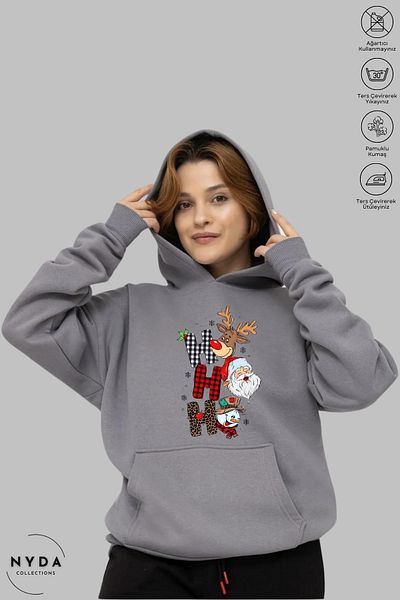 Nyda Collections Χριστουγεννιάτικο εμπριμέ Unisex φούτερ - Μακρυμάνικο, με κουκούλα, υπερμεγέθη βαμβακερό φούτερ