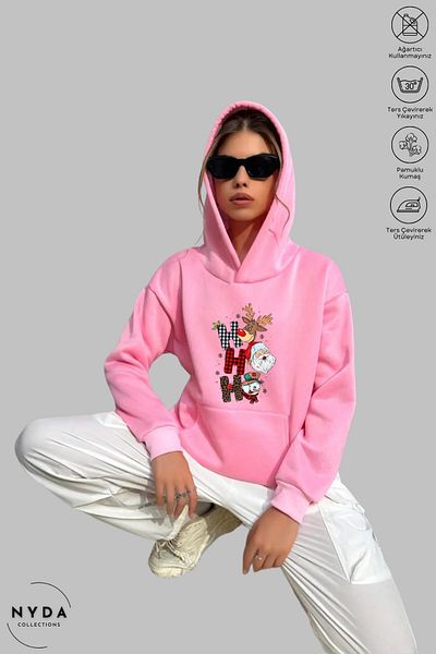 Nyda Collections Χριστουγεννιάτικο εμπριμέ Unisex φούτερ - Μακρυμάνικο, με κουκούλα, υπερμεγέθη βαμβακερό φούτερ