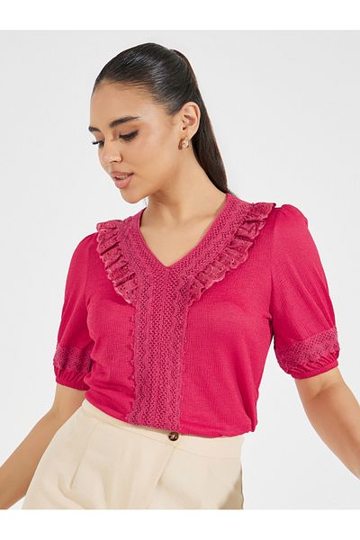Styli Lace Insert Knit Top with Puff Sleeves