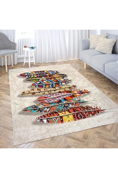 Aden Pamuk Taban Renkli Tüy Desenli Krem Dijital Baskılı Halı