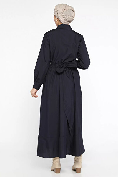julude Navy Blue Waist Tied Half Button Hijab Dress