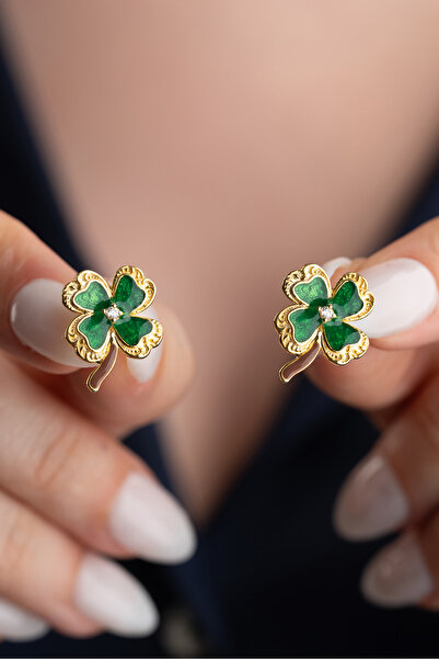 Silvano Jewelry 925 Ayar Gümüş Gold Mineli Yonca Küpe