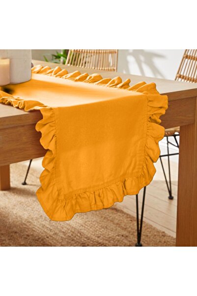Belomia Home Collection Hardal Sarı Fırfırlı Runner, Kadife Dokulu 40x110, dertsiz runner