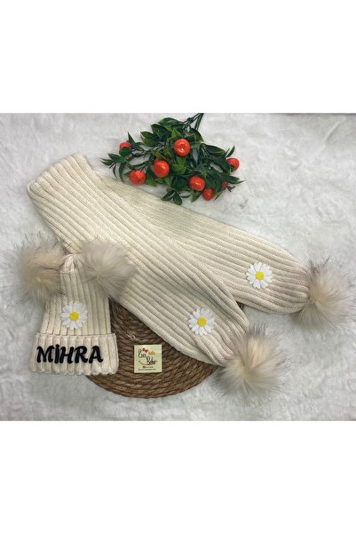 ESES BEBE Kişiye Özel İsimli Papatya Figürlü Bebek/Çocuk Atkı Bere Takımı