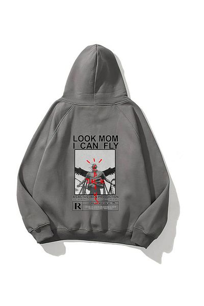 The Champ Clothing Φούτερ με κουκούλα Fleece Look Mom I Can Fly Printed Unisex Smoked Oversize Hoodie φούτερ