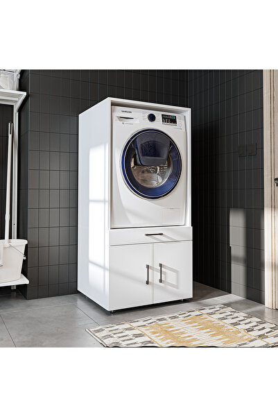 ROOMART Tek Çekmeceli ve Kapaklı  Çamaşır ve Kurutma Makinesi Dolabı, Banyo D...