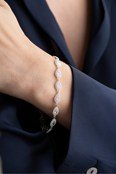 Silvano Jewelry 925 Ayar Gümüş Su Yolu Damla Beyaz Taşlı Bileklik