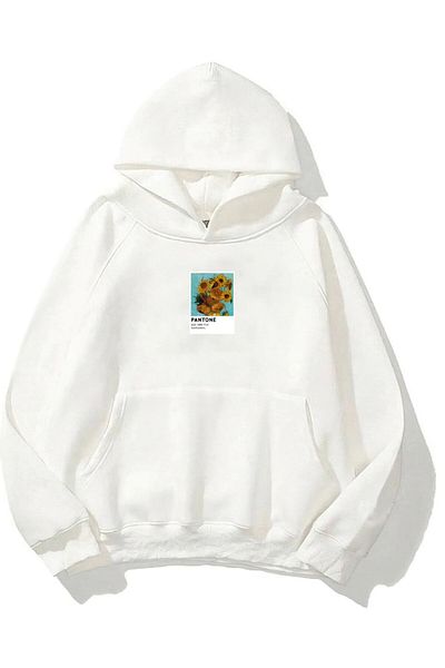 The Champ Clothing Φούτερ με κουκούλα Fleece Sunflowers με στάμπα λευκό Unisex Oversize φούτερ με κουκούλα