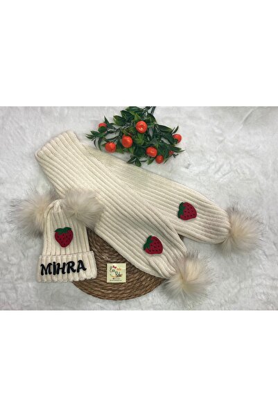 ESES BEBE Kişiye Özel İsimli Çilek Figürlü Bebek/Çocuk Atkı Bere Takımı