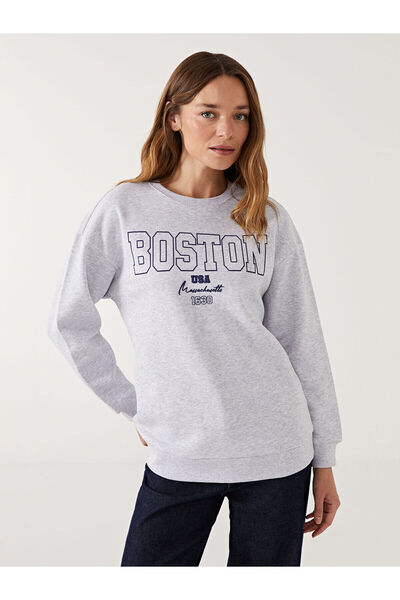 LC Waikiki Γυναικείο φούτερ LCW Modest White Crew Neck Boston με στάμπα τουνίκ