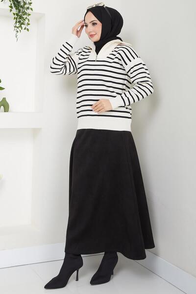 hafsamina White Striped Knitwear Sweater - Zipper Detail Hm2611