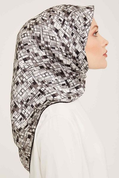 Armine Silk Scarf Nostalgia Sura 9004Ds Geometric Pattern Black-Gray