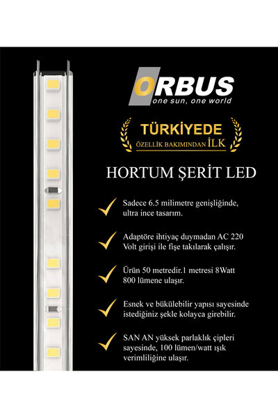 ORBUS 50 Metre Amber Hortum Şerit Led 8w 800 Lümen 220 Volt Fiş