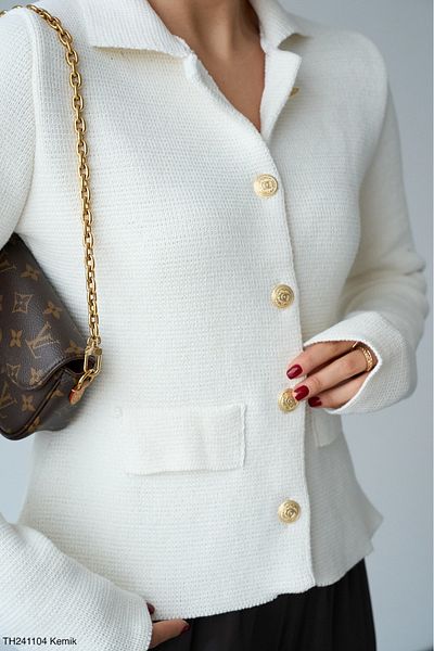 Lupies Women's White Polo Neck Pocket Cotton Knitwear Cardigan