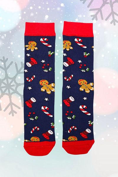 EFBUTİK Μπλε Navy Red Piping Cookie Man Candy Candy Χριστουγεννιάτικες κάλτσες