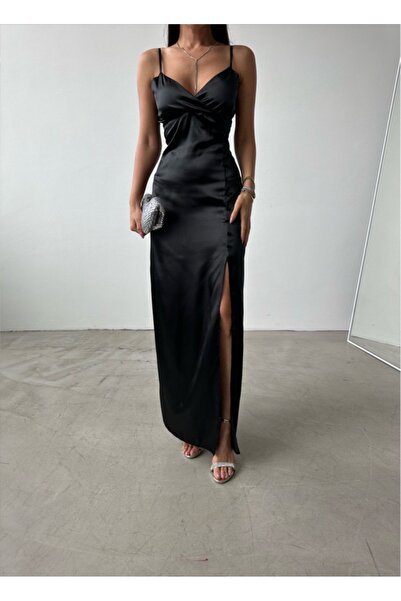 novalook Kadın Askılı Yırtmaçlı Belden Oturtmalı Uzun Saten Davet Elbisesi