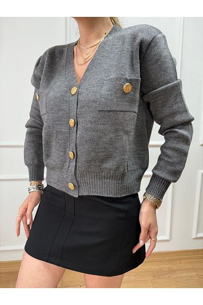 Size Özgü Gray Pocket Knitwear Cardigan