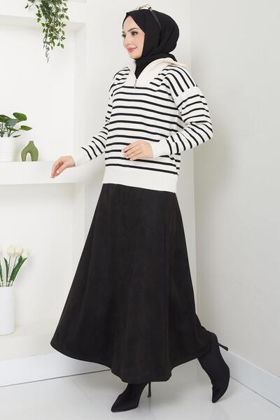 hafsamina White Striped Knitwear Sweater - Zipper Detail Hm2611