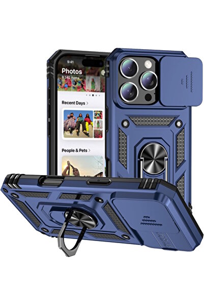 m.tk moveteck İphone 16 Pro Max Kılıf Kamera Korumalı Sürgülü Yüzüklü Standlı Armor Military Tank Kızaklı Kapak