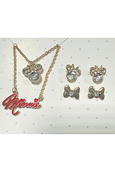 Disney Lisanslı Minnie Mouse 4'lü çelik kolye/küpe seti