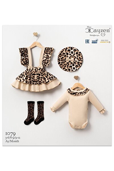 cayzen %100 pamuk leopar desenli çoraplı kız bebek elbise