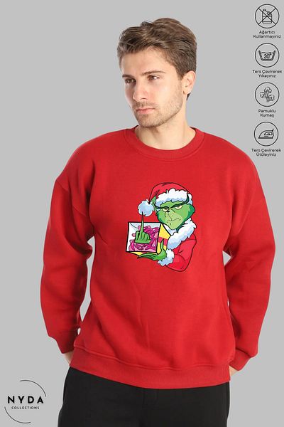 Nyda Collections Коледа и Нова година с принт на Grinch - унисекс голям суичър без качулка с дълъг ръкав