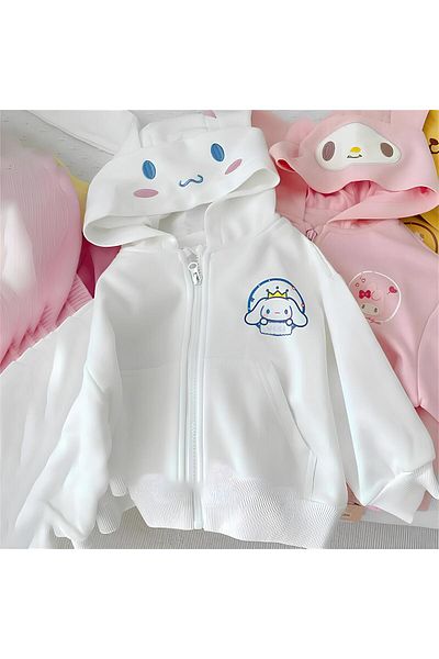 MECH BUTİK Hanorac cardigan din țesătură groasă, cu urechi, alb, cu fermoar