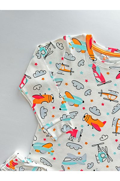 elmas kids Boys' Cotton Ribbed White Airplane Helicopter Cloud Pattern Seasonal Long Sleeve Pajamas Set