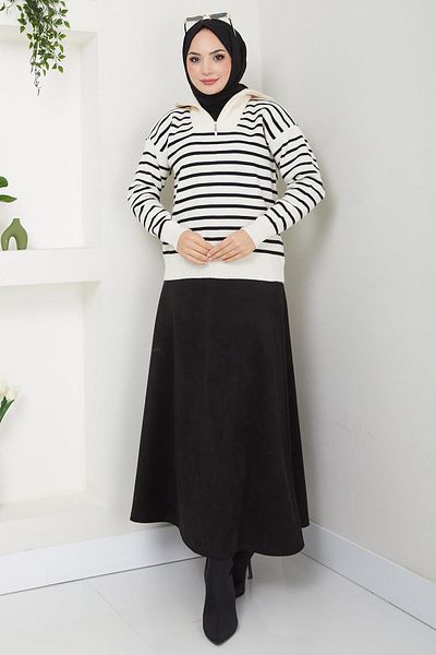 hafsamina White Striped Knitwear Sweater - Zipper Detail Hm2611