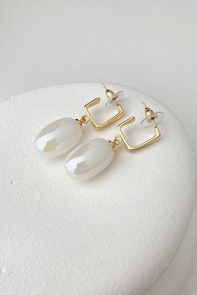 Modex White Oval Earrings - Mother of Pearl Dangle, Size 4cm