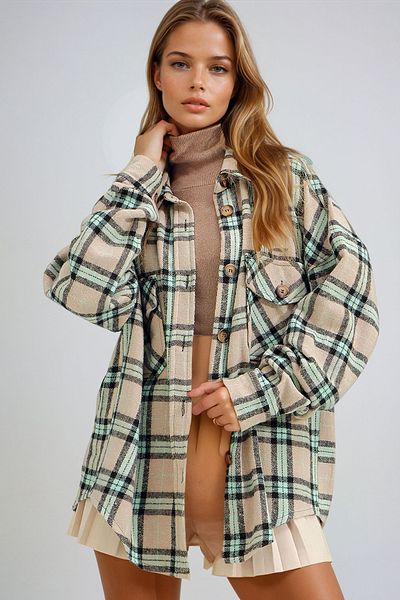 VAGGON Cămașă jachetă oversize din bumbac cu model în carouri bej închis pentru femei Um00003