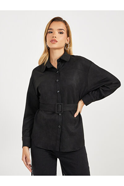 Styli قميص مريح بحزام ومظهر جلد سويدي