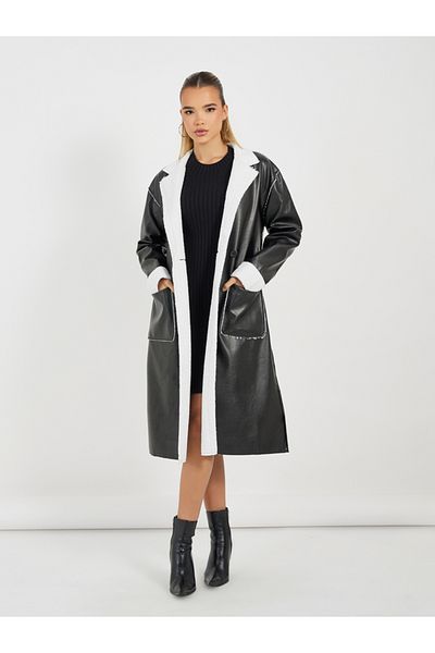 Styli Regular Fit Leather Look Trench with Faux Fur Lining