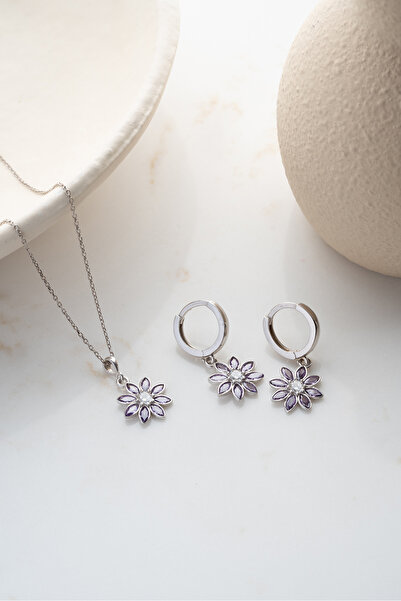 Silvano Jewelry 925 Ayar Gümüş Mor Taşlı Lotus Takı (Kolye-Küpe) Seti
