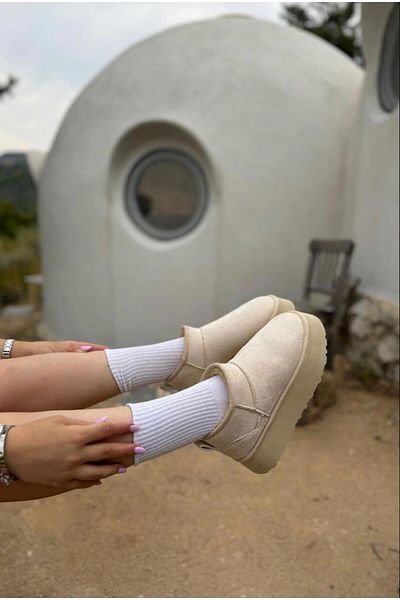 MissPapatya Γυναικείες μπότες FIRRY Suede Beige με χοντρή σόλα και λεπτομέρεια από γούνα στο εσωτερικό
