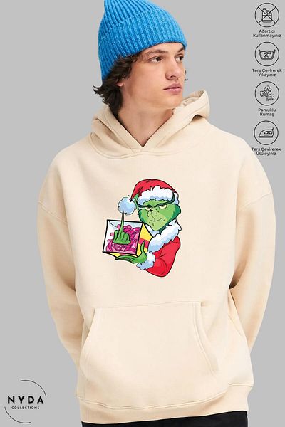 Nyda Collections Grinch Χριστουγεννιάτικη Πρωτοχρονιά με στάμπα Unisex με κουκούλα Oversize βαμβακερή κουκούλα