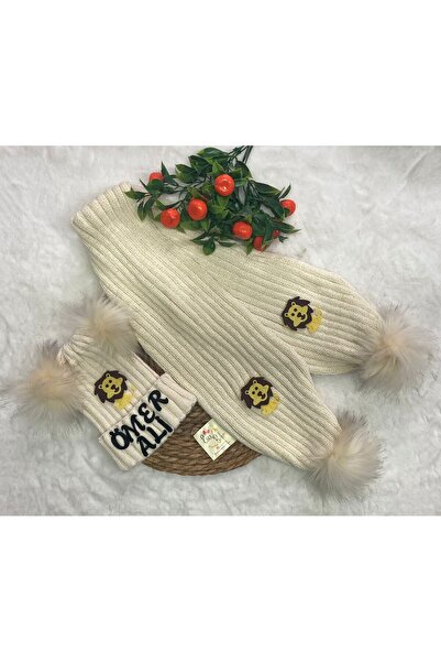 ESES BEBE Kişiye Özel İsimli Aslan Figürlü Erkek Bebek/Çocuk Atkı Bere Takımı