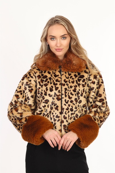 kear bunner Leopar Desenli Yakası Kürklü Ceket