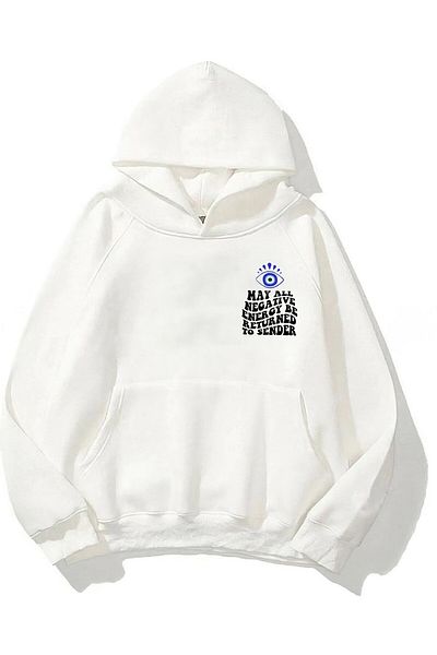 The Champ Clothing Hanorac alb unisex cu glugă și gene din lână imprimate cu mărgele de ochi rău