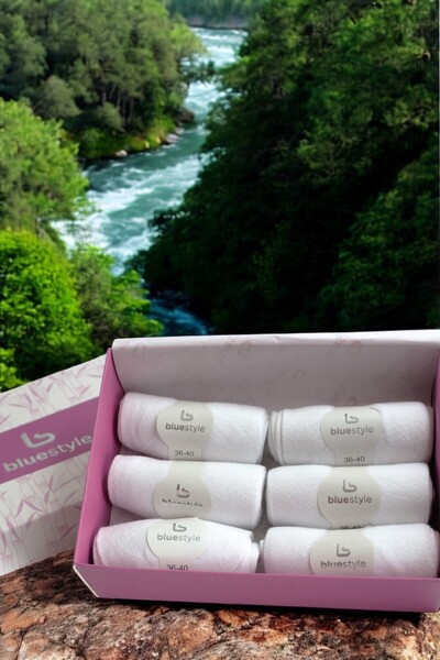 Blue Style Kadın Bambu Düz Beyaz Patik Çorap 6'lı