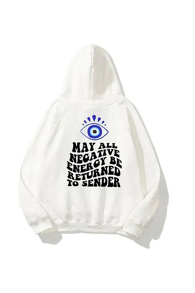 The Champ Clothing Hanorac alb unisex cu glugă și gene din lână imprimate cu mărgele de ochi rău